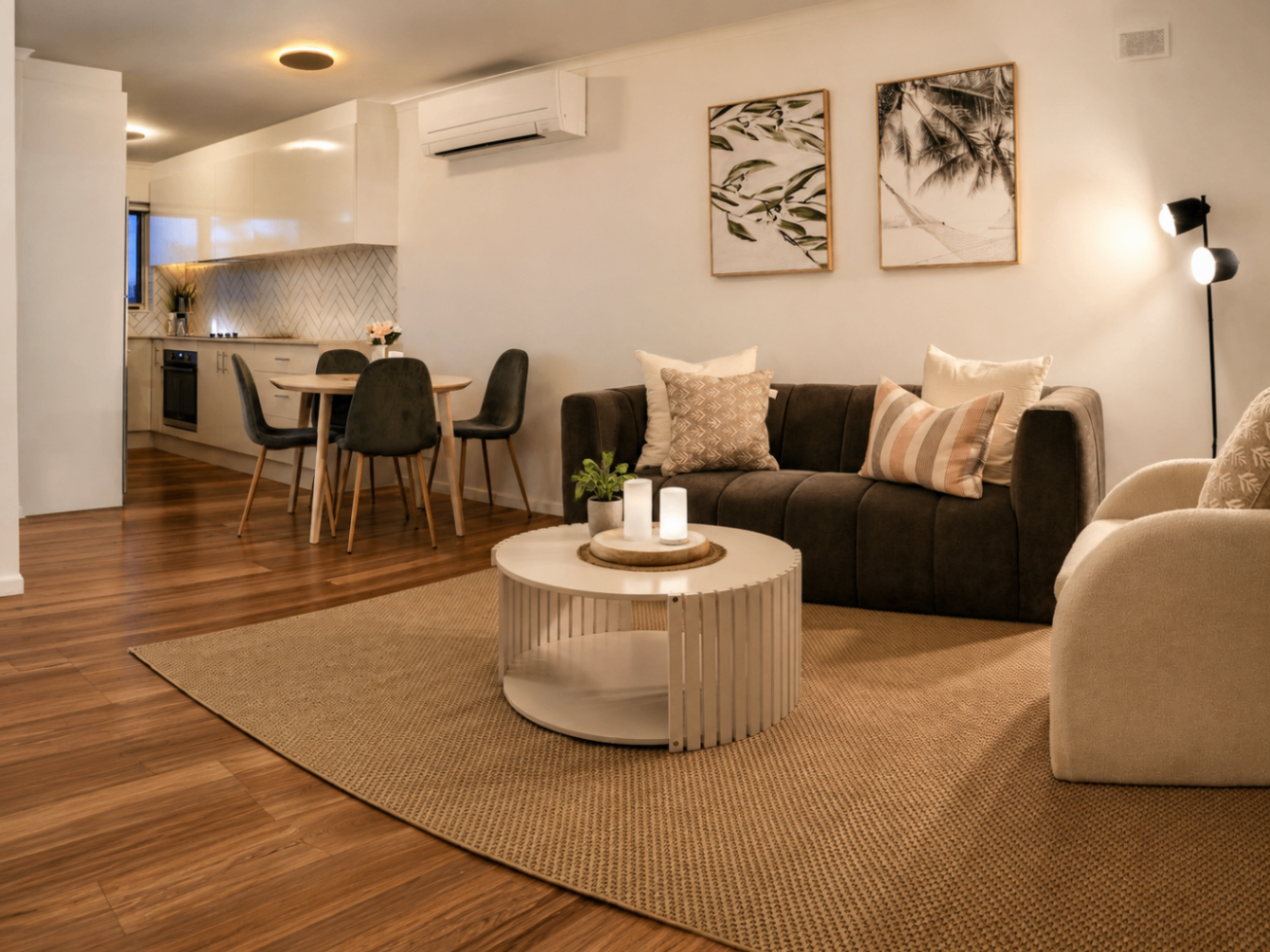 Renovated open-plan living area of Getaway at Glenelg, a Luxe-managed Adelaide Airbnb in Glenelg, Adelaide
