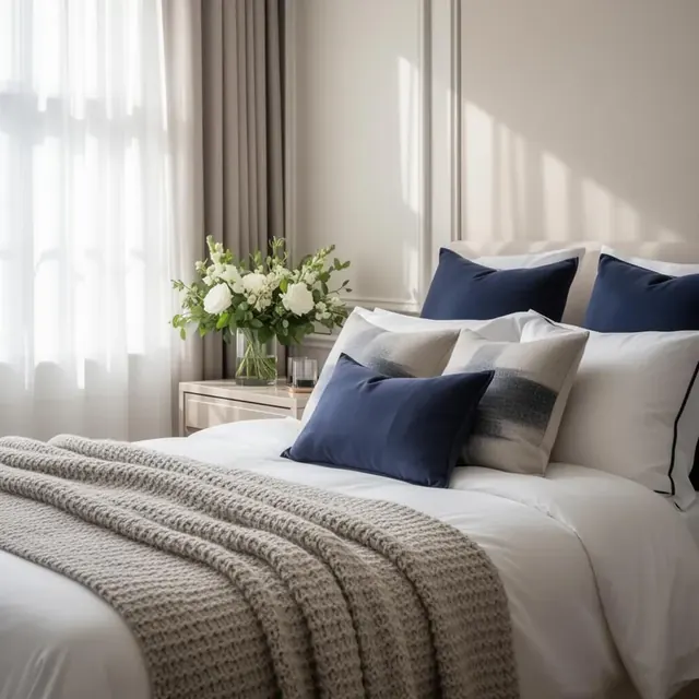 Styled luxury bedroom with crisp linen and navy accents prepared by Luxe Managements