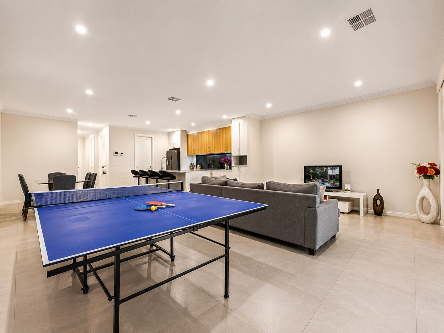 Renovated open-plan living area of Family Home in Enfield, a professionally managed short-stay rental in Enfield, Adelaide