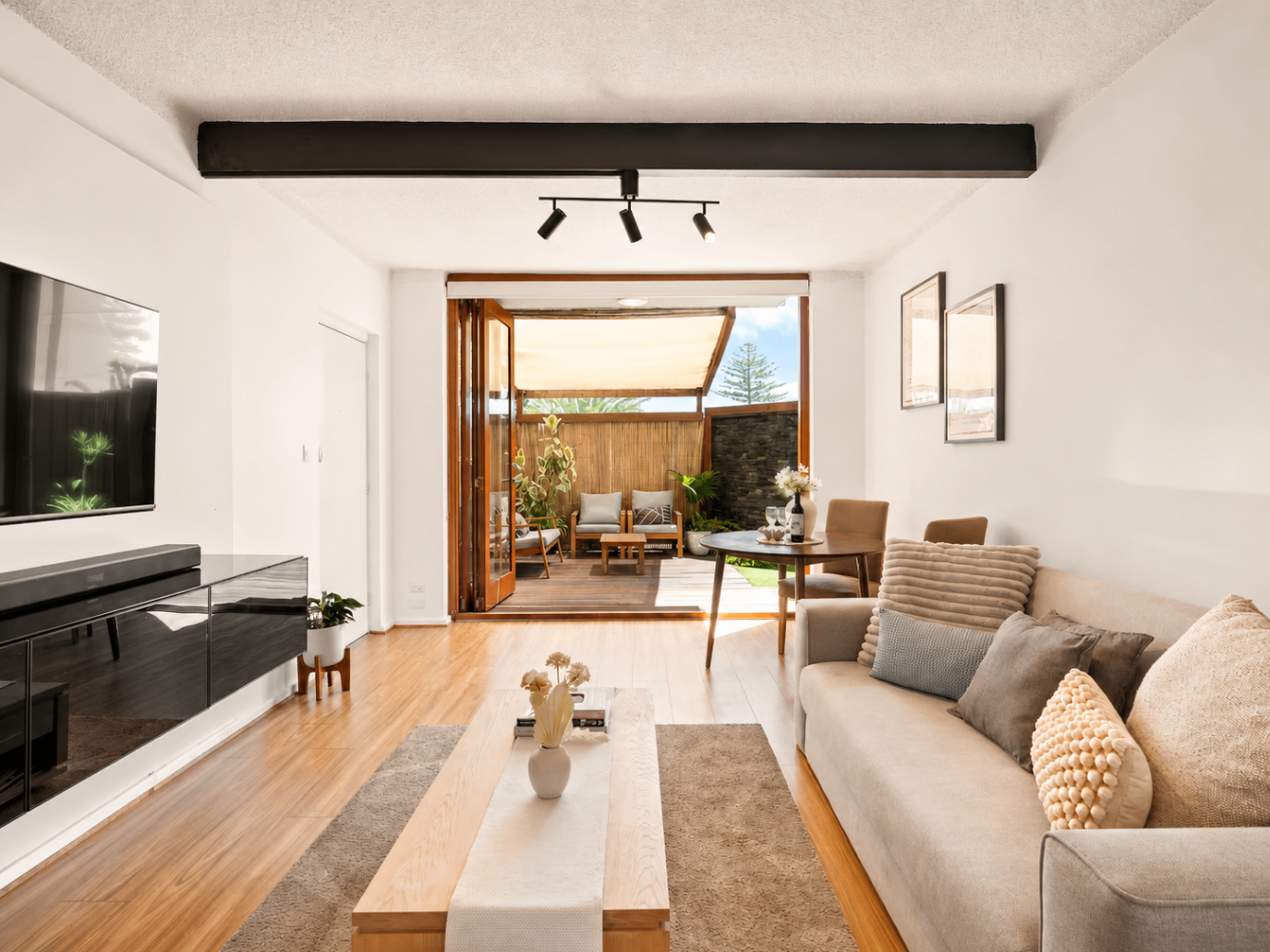 Renovated open-plan living area of Waterviews in West Beach, a Luxe-managed Airbnb and holiday home in West Beach, Adelaide