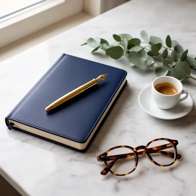 Marble desk with navy notebook, fountain pen and espresso — Luxe revenue strategy planning