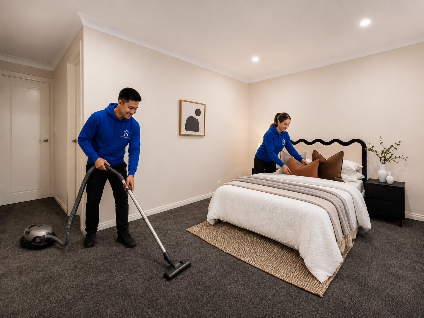 Luxe Managements cleaning team resetting a bedroom for the next Adelaide short-stay guest, vacuuming carpet and dressing the bed with fresh linen