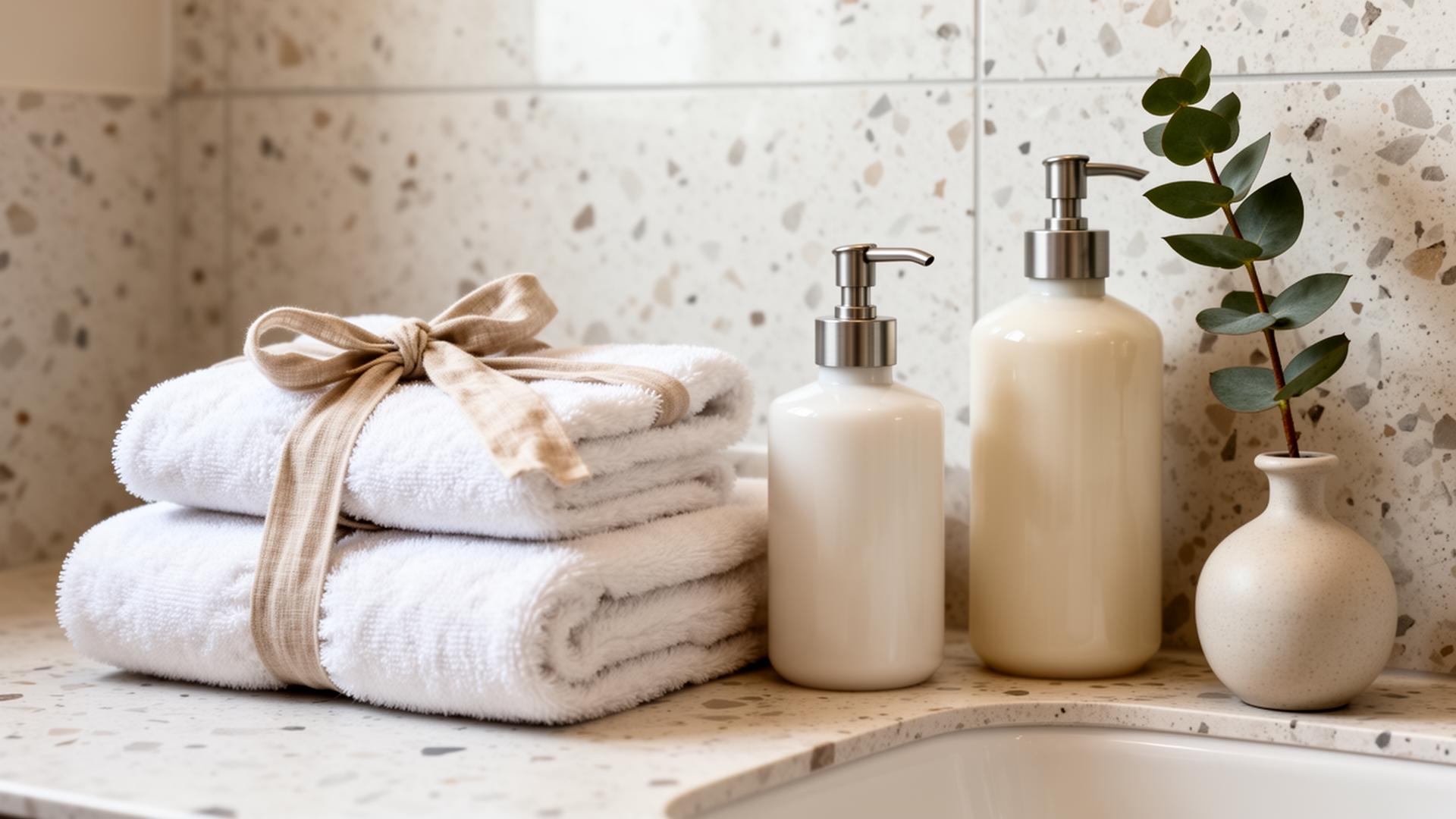 Folded white towels with linen ribbon on terrazzo bathroom bench