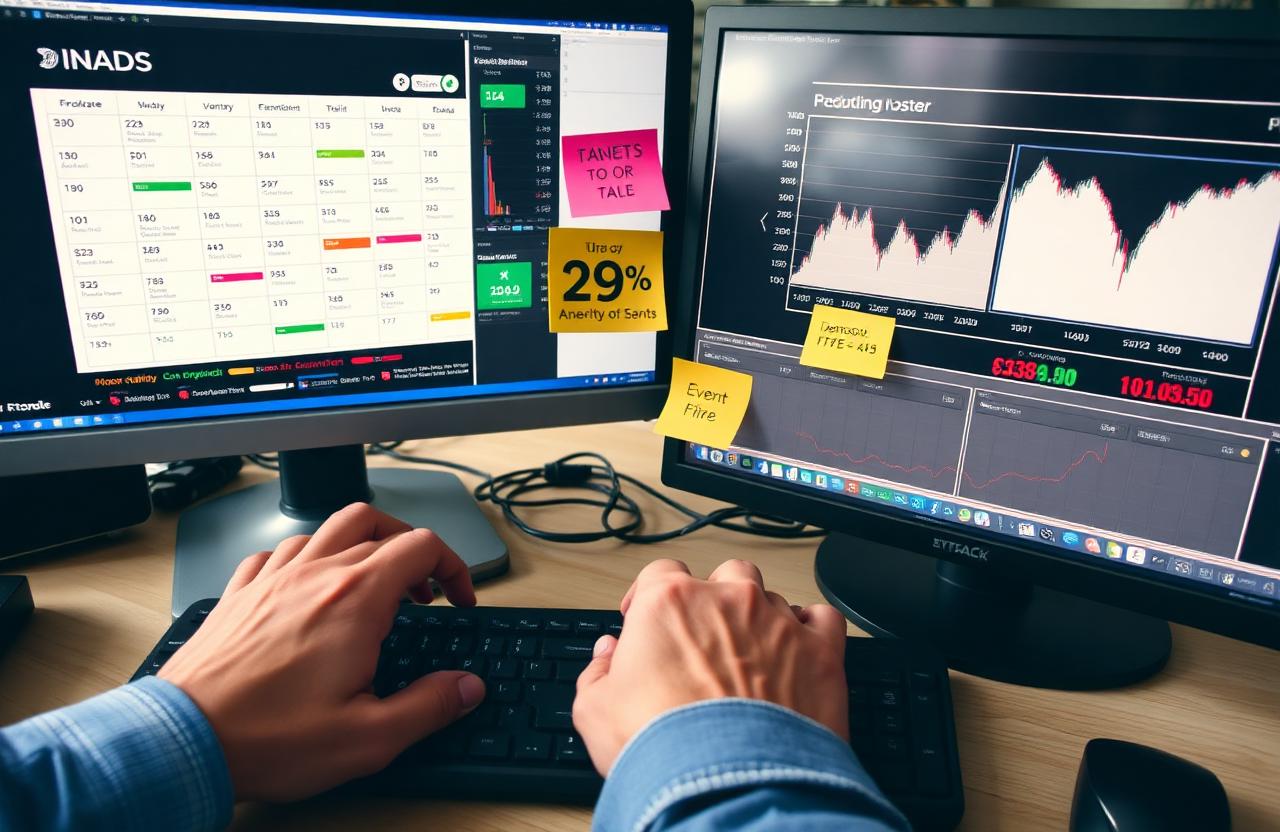 Analyst at a dual-monitor workstation adjusting nightly rates against demand and event data