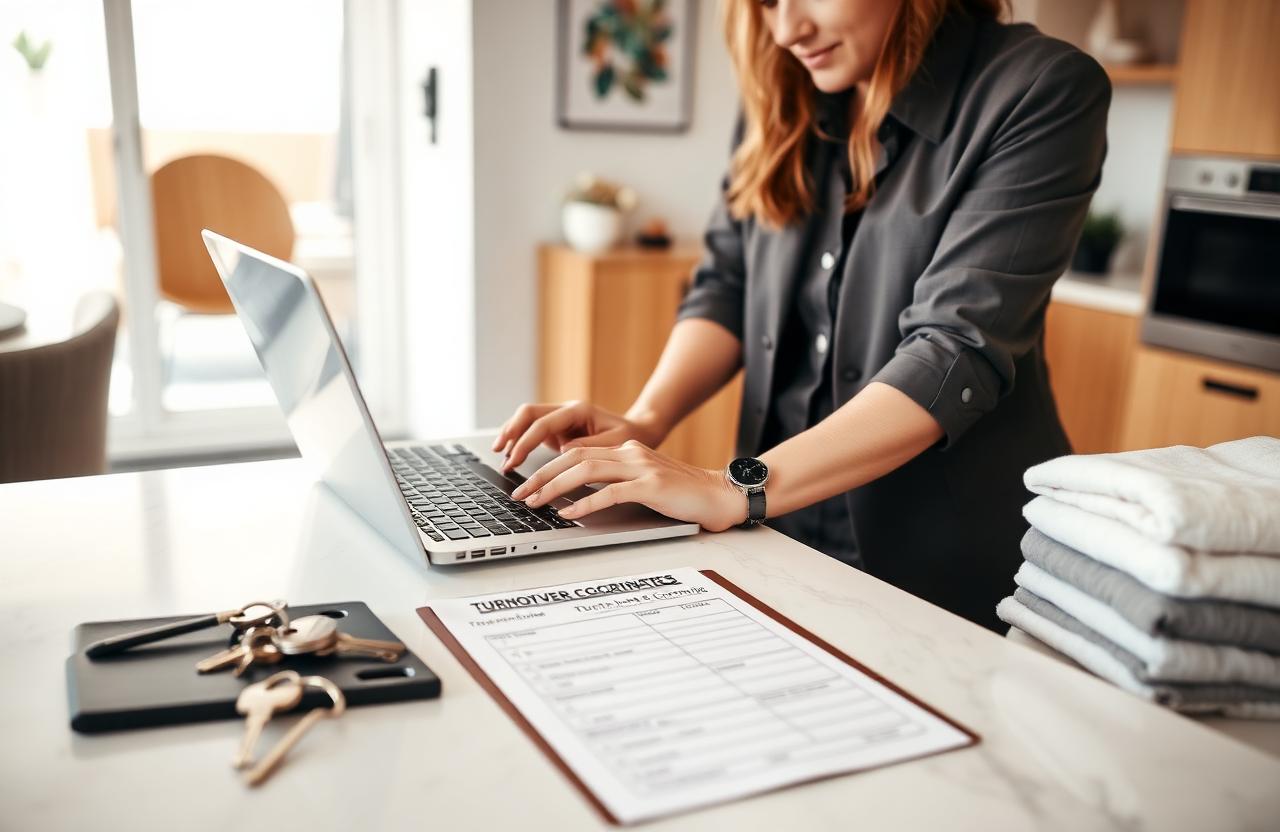 Property operations coordinator working at a kitchen island with a turnover checklist, laptop, keys and fresh linens