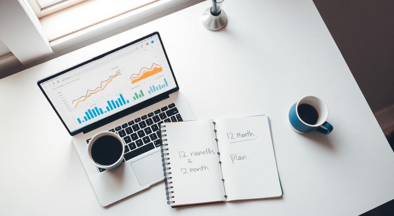 Desk with a laptop showing a short-stay revenue analytics dashboard and a handwritten 12-month plan