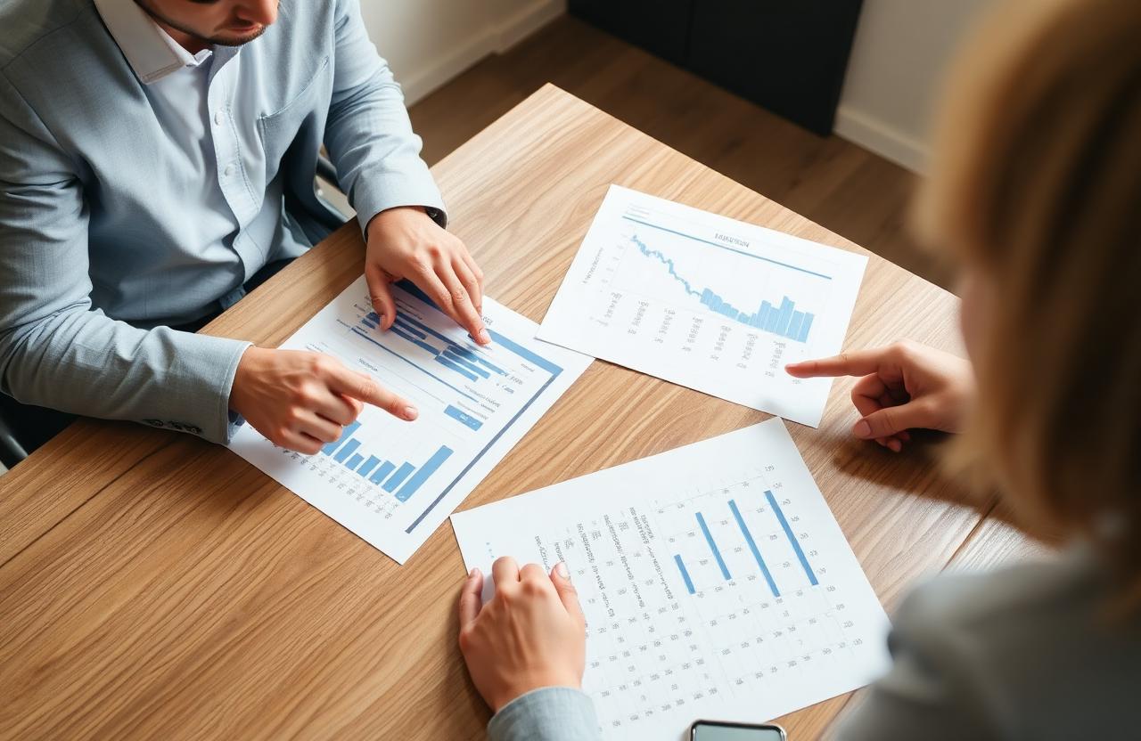 Two professionals reviewing printed revenue charts and a 12-month strategy at a meeting table