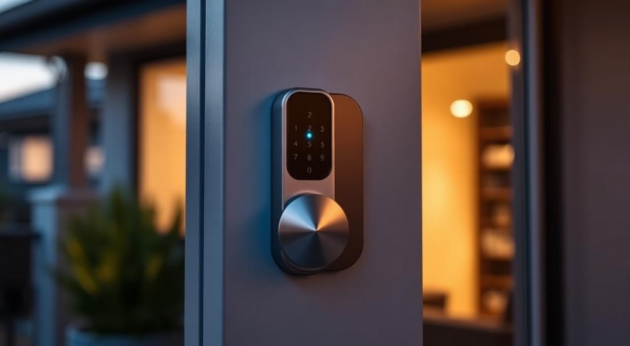 Modern keypad smart lock fitted to the front door of a premium Adelaide home at dusk