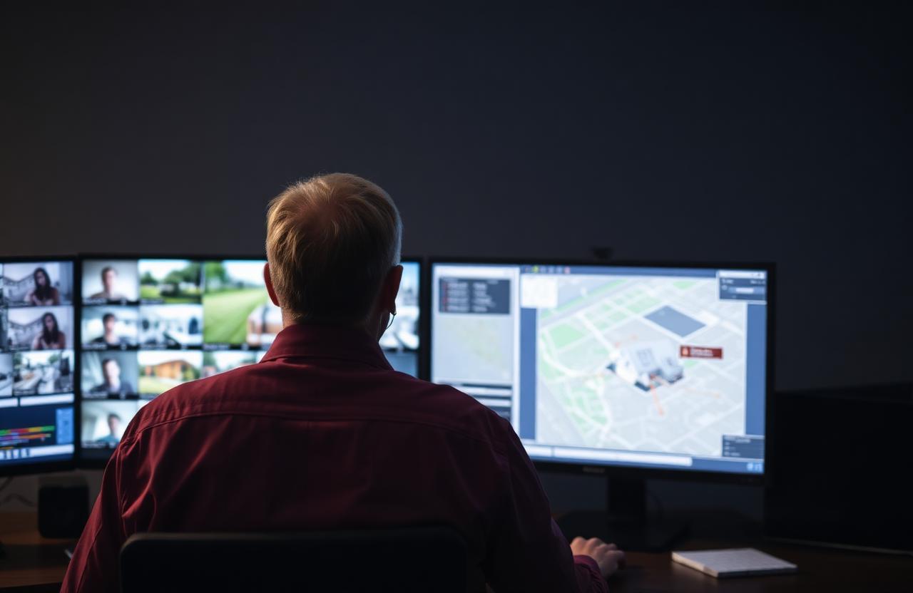 Operations specialist at a monitoring desk watching camera feeds and a live property map